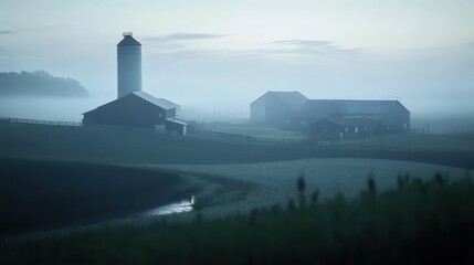 Serene Misty Farm Landscape at Dawn with Silhouette Buildings