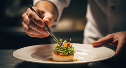 Chef delicately plates seared scallop with microgreens and edible flowers artfully arranged