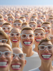 Crowd of identical smiling faces with glasses as social metaphor