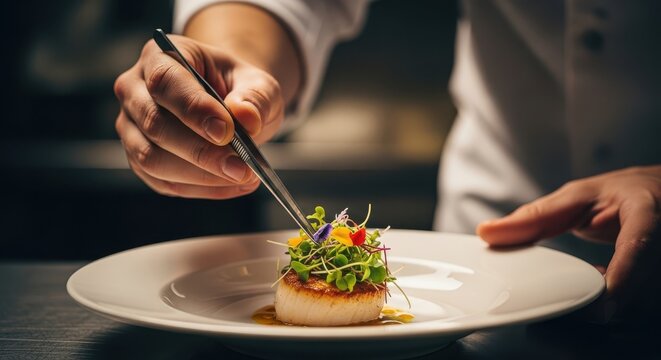 Chef delicately plates seared scallop with microgreens and edible flowers artfully arranged