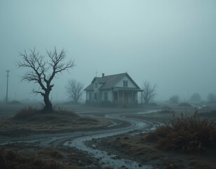 Naklejka premium Isolated farmhouse shrouded in atmospheric fog evokes mystery and solitude