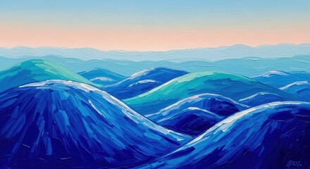 Illustration of abstract painting of rolling blue and green waves under a soft sky