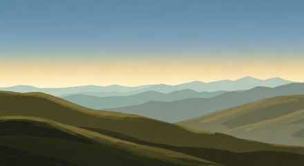 Illustration of rolling hills and distant mountains under a clear blue and yellow sky