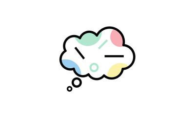 Minimalist thought bubble icon with a black outline, filled with colorful abstract pastel shapes and symbols.