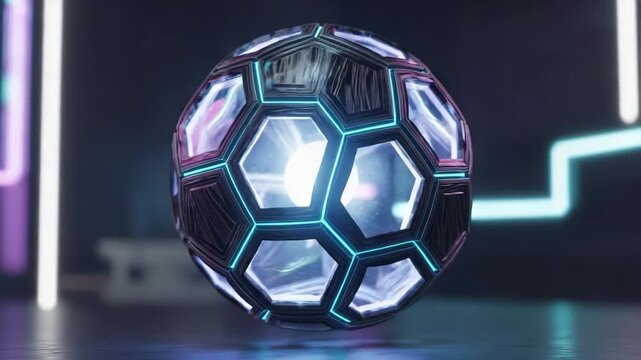 Creative glowing soccer ball floating in a futuristic environment during an evening setup for an interactive gaming experience