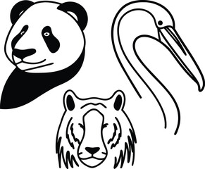 Stylized Line Art Drawings of Panda Bear Tiger and Pelican Heads Keywords: panda, panda bear, tiger