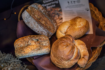 Rustic sourdough breads at an artisanal bakery in Altstadt, Zurich, Switzerland