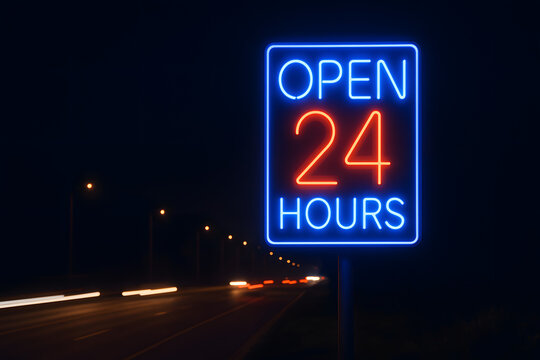 Open 24 hours neon glowing signboard on dark night roadside, blue and red electric light signage symbol for nonstop business store shop cafe bar service, urban nightlife illumination concept backgroun