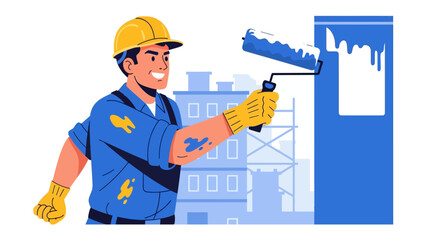 Painting the Skyline: A professional painter applies fresh paint to a building's exterior, revitalizing the urban landscape, showcasing the transformation and precision in the painting process.