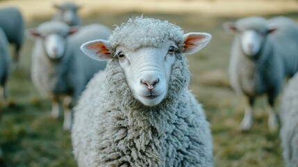 Naklejka premium Close-Up of a Sheep in a Pasture Surrounded by Other Sheep