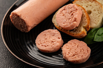Sausage spread sandwich pork spread natural product tasty snack fresh delicious gourmet food background on the table rustic top view copy space