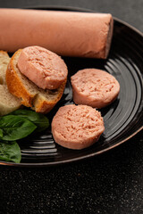 Sausage spread sandwich pork spread natural product tasty snack fresh delicious gourmet food background on the table rustic top view copy space