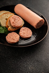 Sausage spread sandwich pork spread natural product tasty snack fresh delicious gourmet food background on the table rustic top view copy space