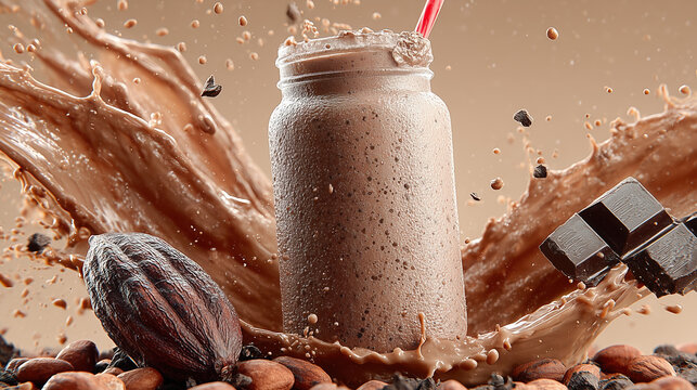 Chocolate Milkshake with Cocoa Splash and Ingredients Surrounding