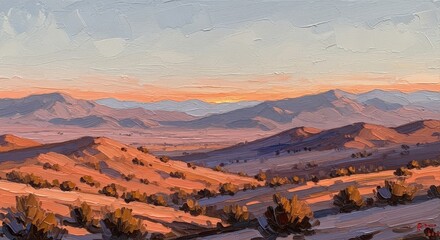 Illustration of desert landscape at sunset with rolling hills and distant mountains
