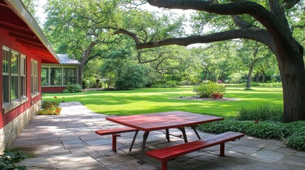 Obraz premium Serene Outdoor Patio with Wooden Table and Lush Green Landscape