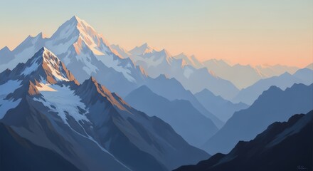 Illustration of snowcapped mountain peak illuminated by the golden sunrise