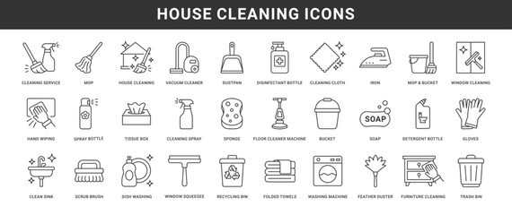 House Cleaning icon set. Housekeeping icons like washing, vacuum cleaner, detergent, cleaning tools, equipment, household appliances and more. Vector illustration.
