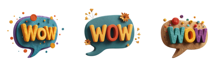 Colorful wow words in speech bubbles transparent background creative design vibrant environment
