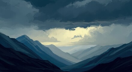 Illustration of dramatic mountain valley under stormy, cloudy sky