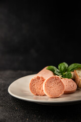 Sausage spread sandwich pork spread natural product tasty snack fresh delicious gourmet food background on the table rustic top view copy space