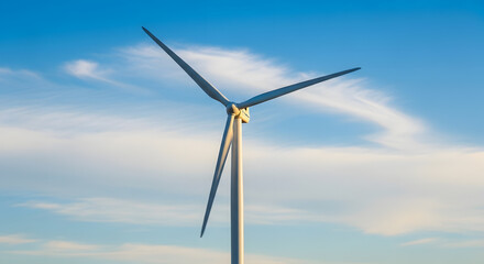 wind turbine rotating smoothly in blue sky, blurred background with light clouds