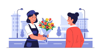 Fototapeta premium Blooming Bouquet: A bright and colorful bouquet of flowers being given to a customer. The flower shop worker hands a flower bouquet to their customer.