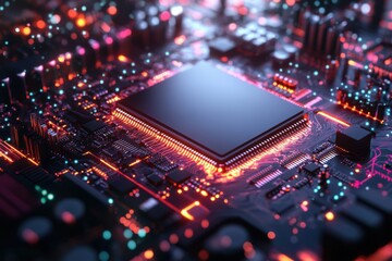 Quantum Computing Motherboard Abstract with Glowing Fractals and Neon Grids
