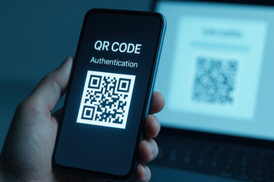 QR code authentication screen on smartphone held by hand showing multi factor authentication prompt for password and security verification with blurred laptop QR in background