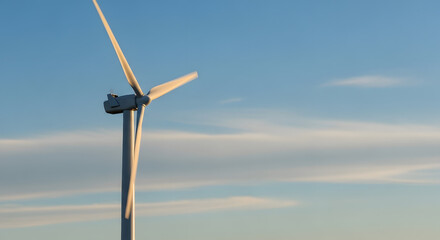 wind turbine rotating smoothly in blue sky, blurred background with light clouds