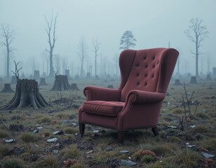 Fototapeta premium Solitary armchair rests amidst desolate forest stumps under a haunting, misty sky