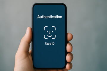Authentication face ID screen on smartphone held in hand showing multi factor authentication and password security protecting personal data