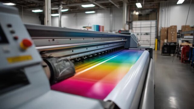 A large-format printer in operation, showcasing a vibrant rainbow gradient on a wide roll. Industrial warehouse setting, bright lights
