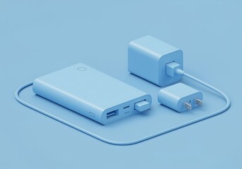 Minimalist Power Bank and Charger Set in Pastel Blue Tones for Modern Tech and Portable Charging Solutions