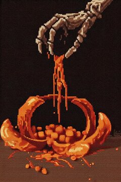 Skeleton hand carving a pumpkin with vibrant orange and dark background during Halloween preparations in autumn