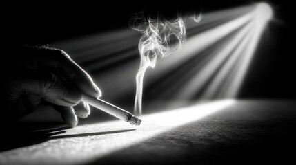 Intense Black and White Close-Up of a Hand Holding a Lit Cigarette with Evocative Smoke Plumes and Dramatic Spotlight