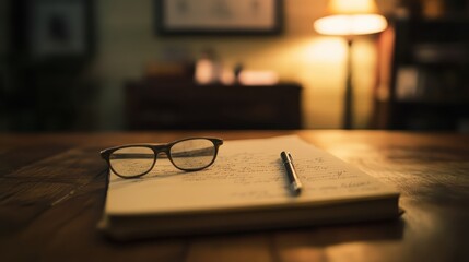 Fototapeta premium Cozy Workspace with Glasses and Notebook on Wooden Table Surface