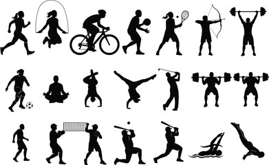 Silhouettes of people doing various sports activities, including running, cycling, yoga, swimming, baseball, weightlifting, archery, and volleyball vector.