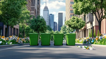 Lively Urban Street with Green Bins and Litter in Cityscape Background