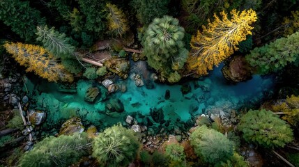 Obraz premium Aerial View of Vibrant River Flowing Through Lush Forest Landscape