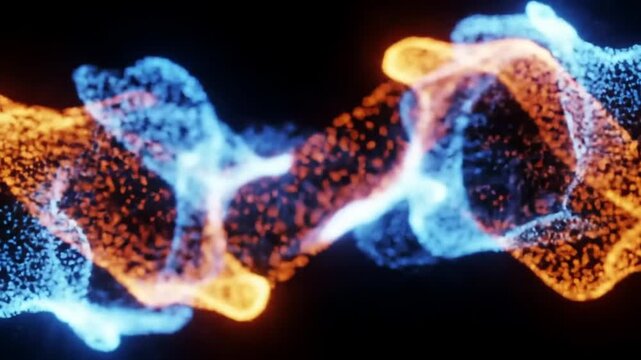 Waves of fiery orange and cool blue particle streams merging, dispersing, and reforming in a seamless loop, with a soft glowing aura, resembling energy fields or fluid dynamics in motion