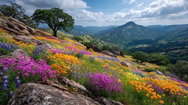 Colorful wildflowers bloom on rolling hills of the texas hill country in springtime under a blue sky with scattered clouds and distant mountains
