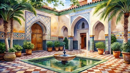 Tranquil Moroccan Courtyard with Fountain Arches and Lush Palm Trees