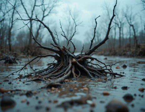 Twisted roots emerge from shallow stream water amidst bare forest trees under moody overcast sky