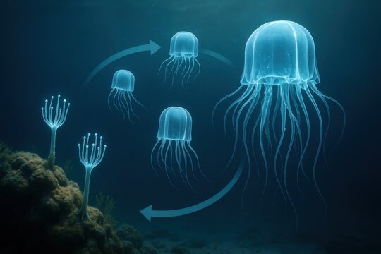 Life cycle representation of immortal jellyfish Turritopsis dohrnii in aquatic ocean ecosystem