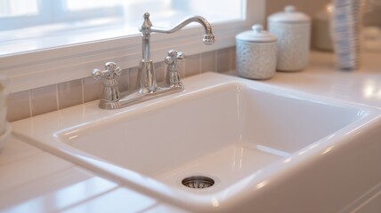Fototapeta premium Elegant kitchen sink with modern faucet in bright lighting. Artificial intelligence image