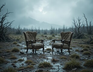 Fototapeta premium Two vintage armchairs await in a desolate, misty landscape hinting at forgotten stories and solitude.
