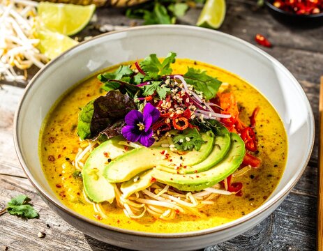 Traditional Cambodian Dish Nom banh chok in the Ceramic White Bowl