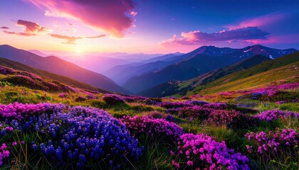 Fototapeta premium Stunning Mountain Landscape with Vibrant Wildflowers at Sunset