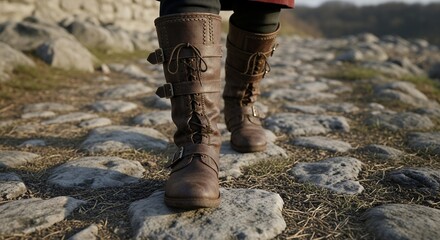 Naklejka premium Person wearing brown leather boots walking on a cobblestone path with a distant landscape, concept for historical reenactment (1 tujuan), fantasy illustration (2 tujuan) and period drama visuals (3